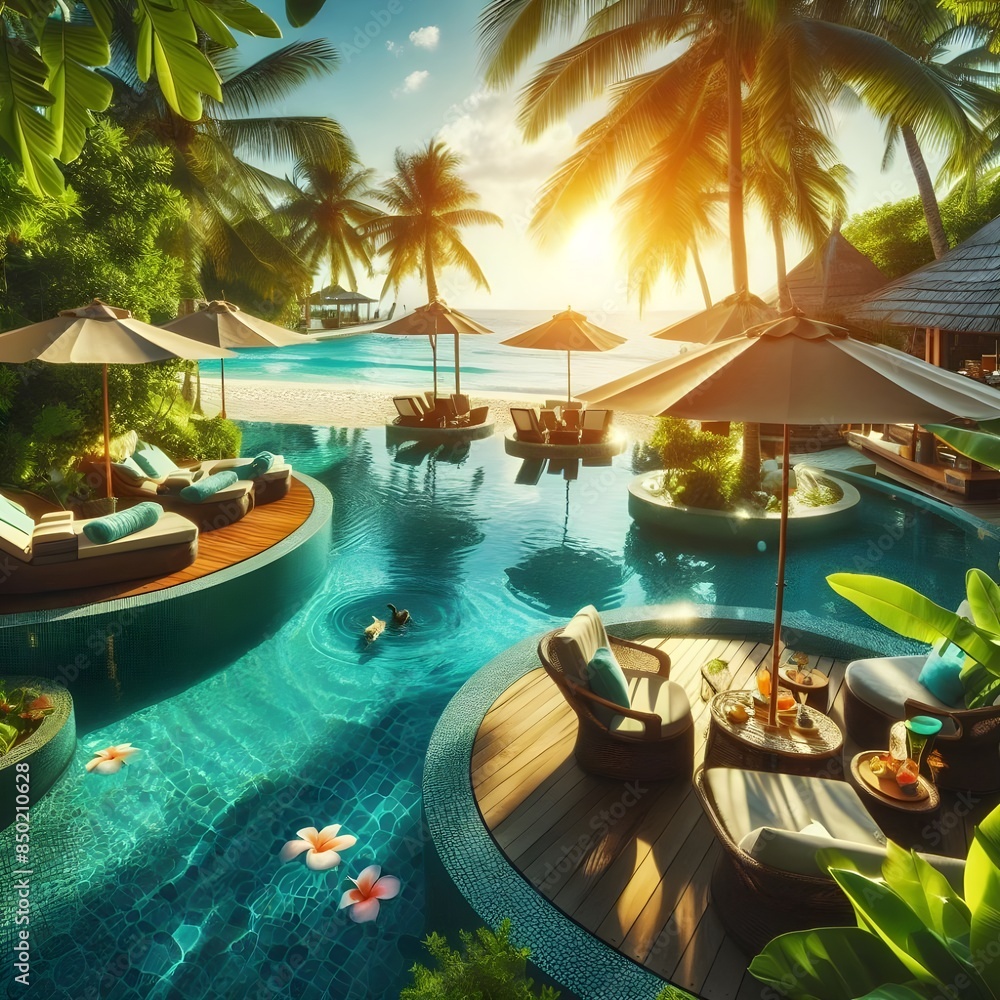 Obraz premium Tropical Poolside Relaxation With Lounge Chairs And Umbrellas