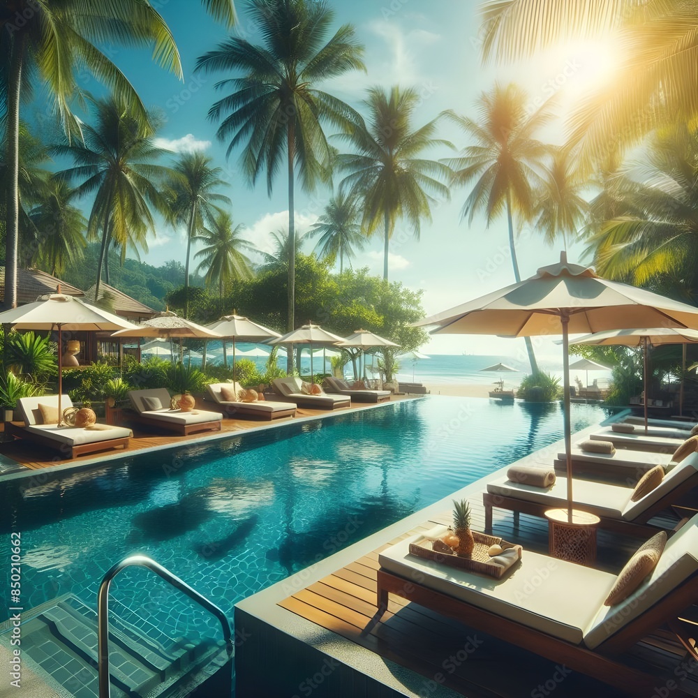 Tropical Poolside Relaxation With Lounge Chairs And Umbrellas Tropical Poolside Relaxation With Lounge Chairs And Umbrellas
