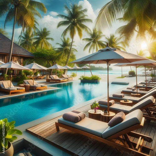 Tropical Poolside Relaxation With Lounge Chairs And Umbrellas