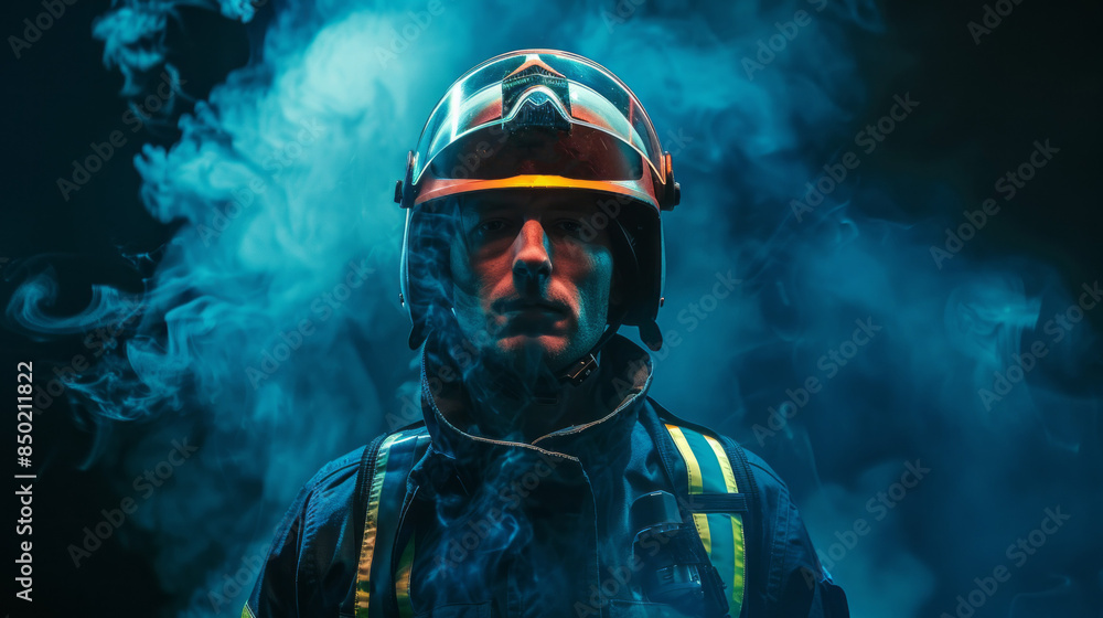 A firefighter is standing in front of a blue background with smoke A firefighter is standing in front of a blue background with smoke