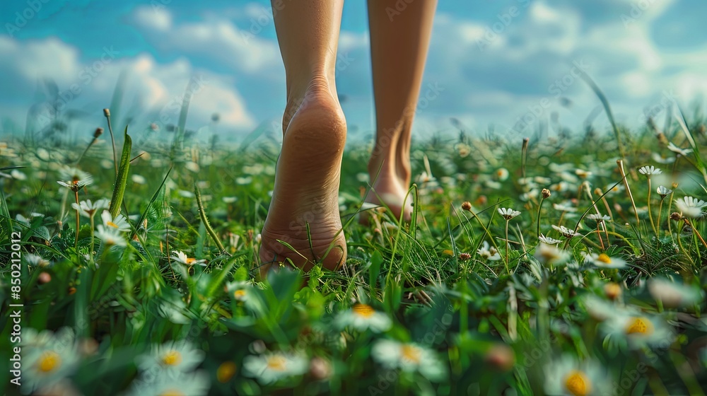 A low angle view captures the moment of walking barefoot across a field of grass and daisies, symbolizing ease and natural lifestyle A low angle view captures the moment of walking barefoot across a field of grass and daisies, symbolizing ease and natural lifestyle