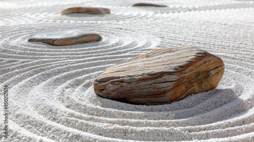 Serene Zen garden background featuring smooth polished stones arranged in harmonious patterns surrounded by fine white sand with intricate raked lines The tranquil scene is illumin photo