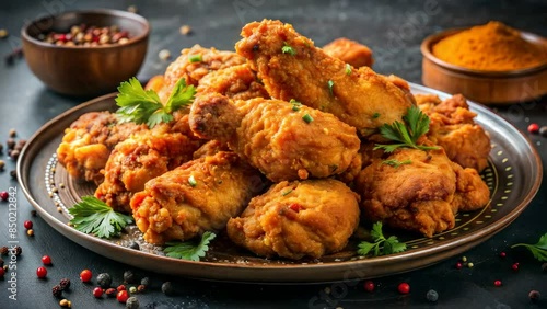 crispy fried chicken pieces, perfectly golden-brown, garnished with fresh parsley and served on a rustic plate