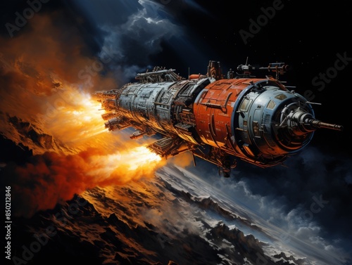 A dramatic spaceship scene with fiery thrusters propelling the vessel through the atmosphere, creating a dynamic sci-fi visual. photo