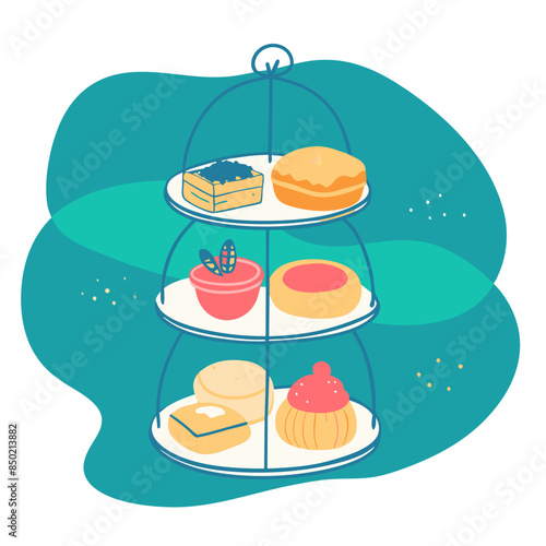 afternoon tea treats vector illustration, three tier stand, cakes, sandwiches, teal background