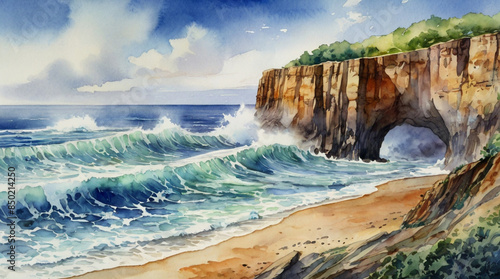 Watercolor painting: A coastal cliff eroded by the relentless pounding of waves, its jagged beauty a symbol of nature's constant change,
