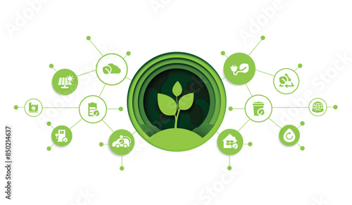 Paper cut of eco technology or environmental technology concept modern green city and plant leaf growing inside.  Eco-friendly urban lifestyle with icons over the network connection. vector design.