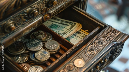 The cash drawer is open. There are some money and coins in it.