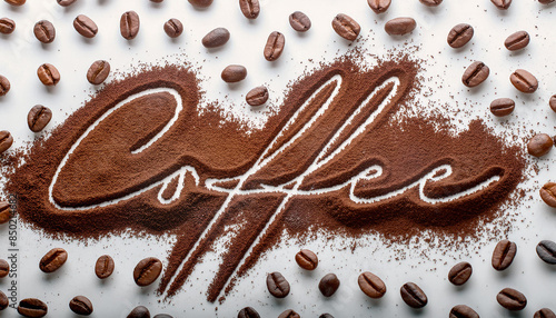Coffee word written on powdered coffee and coffee bean