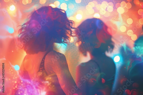Vibrant and colorful depiction of a woman dancing with bokeh background lights creating a dreamy and festive atmosphere. © KanitChurem