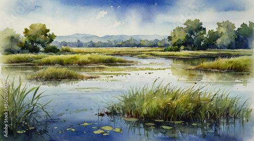 Watercolor painting: A marsh teeming with life, its diverse ecosystem and rich biodiversity a vital part of the natural world,
