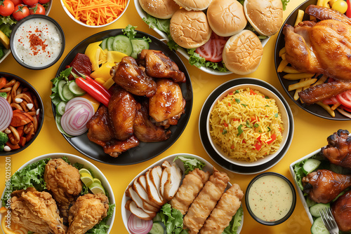 A flat-lay shot of delicious dishes arranged on a yellow background, includes various types of chicken (fried, roasted, and grilled), rice, burgers, and salads, creating a visually appetizing feast. © Umaporn