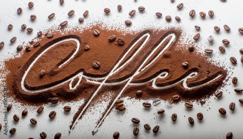 Coffee word written on powdered coffee and coffee bean