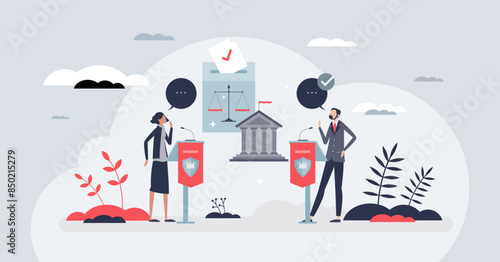 Politics battle and government election debate campaign tiny person concept. Democracy and free speech process with voting for democrat or republican candidate vector illustration. Public speaking. photo