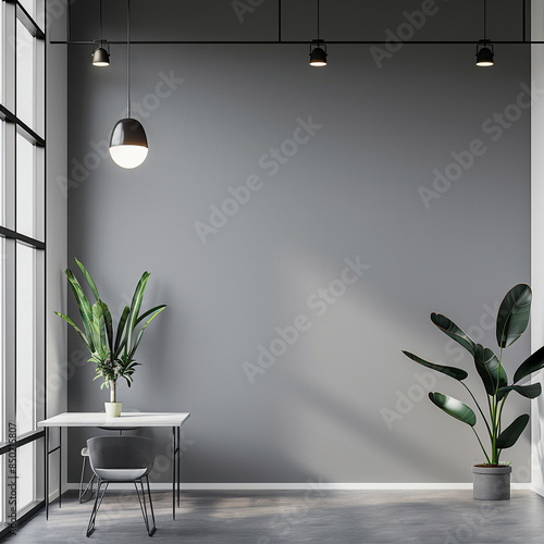 a simple room with green plant in the corner.