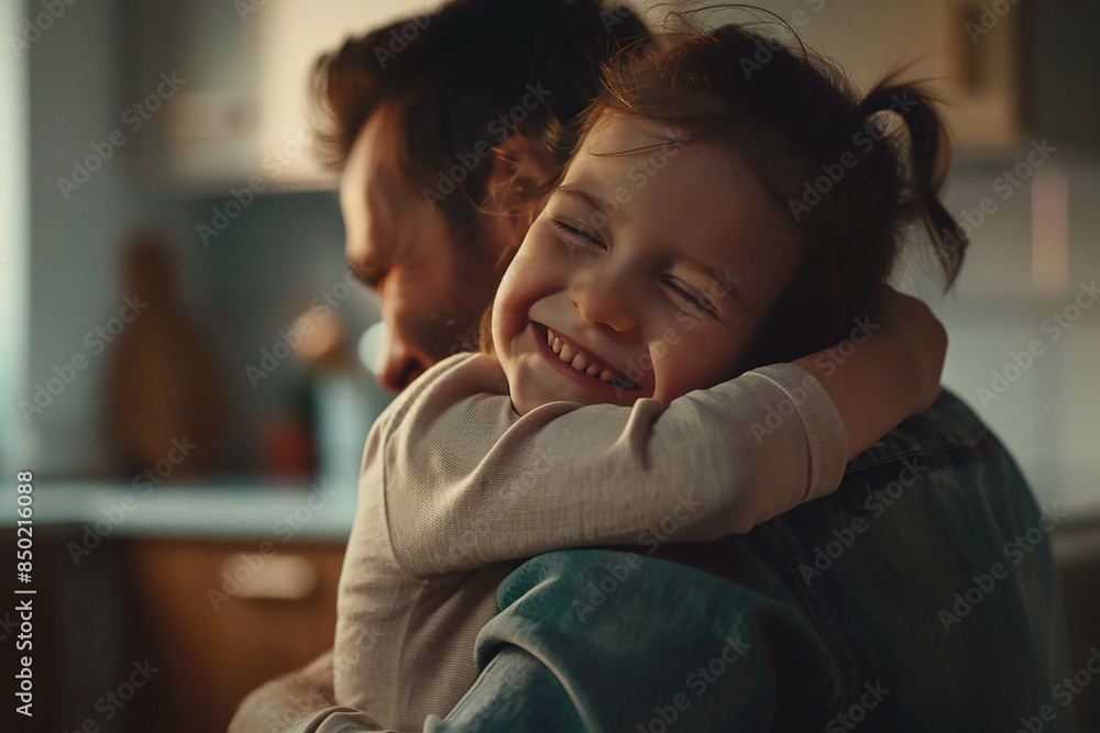 Cute little girl hugging her father and laughing at home, close up portrait of a happy family showing love with a young child daughter smiling in the arms of her dad, copy space for text stock photo c Cute little girl hugging her father and laughing at home, close up portrait of a happy family showing love with a young child daughter smiling in the arms of her dad, copy space for text stock photo c
