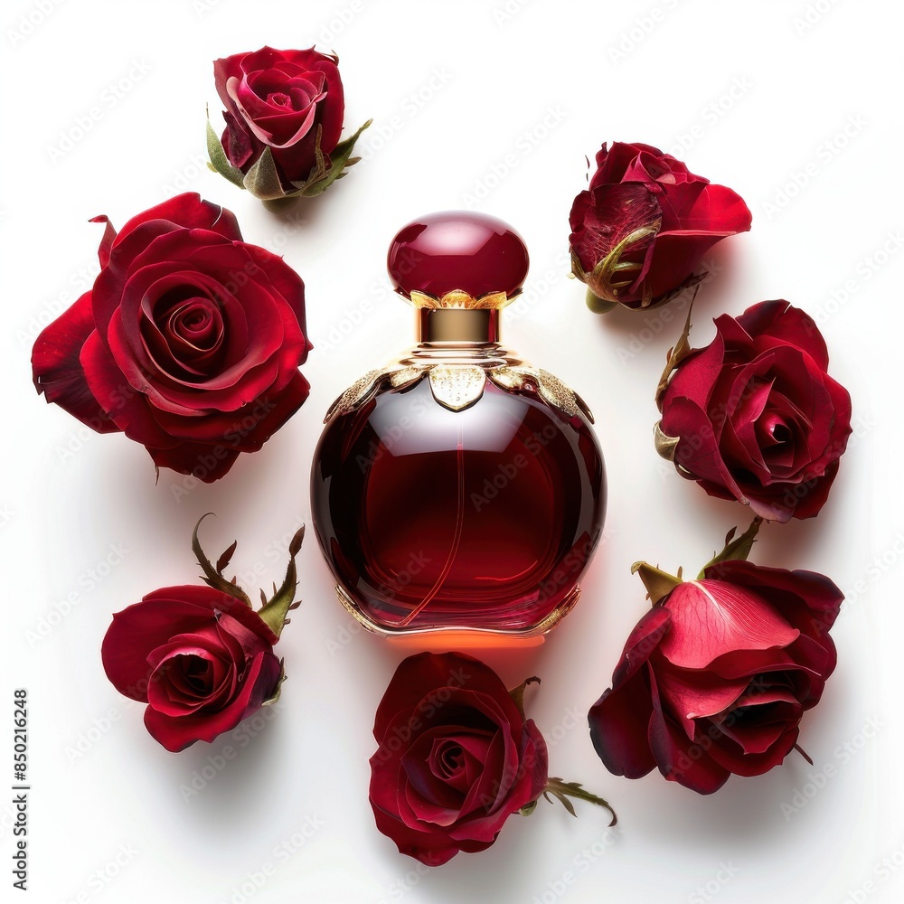 Exquisite perfume bottle with gold details, placed among vibrant red roses, isolated on a white background with soft shadow effects, plenty of space for text. Exquisite perfume bottle with gold details, placed among vibrant red roses, isolated on a white background with soft shadow effects, plenty of space for text.