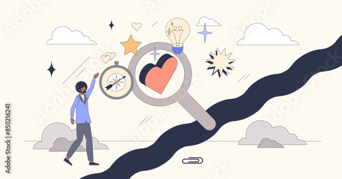 Finding a life coach for personal mentoring tiny person neubrutalism concept. Work and relationship balance advices for self care and wellness vector illustration. Mentor support with life guidance.