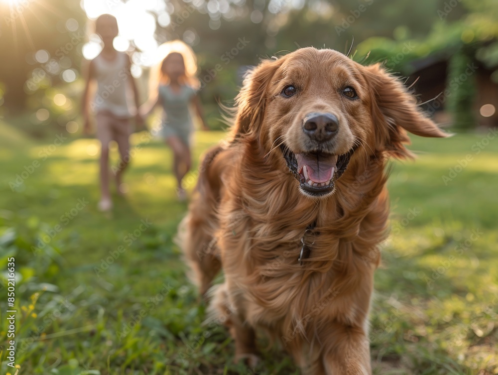 Golden retriever joyfully running on a green lawn with two people in the background on a sunny day. Golden retriever joyfully running on a green lawn with two people in the background on a sunny day.