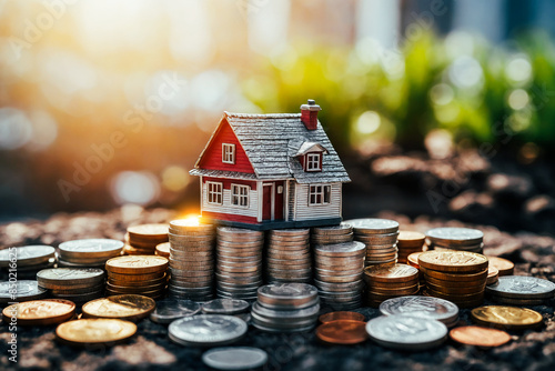 Wallpaper Mural Model house surrounded by stacks of coins , Real estate business and financial investment concept Torontodigital.ca