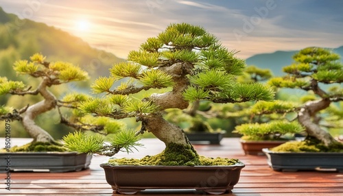 bonsai trees covered with moss; the composition of the garden is a modern home decoration