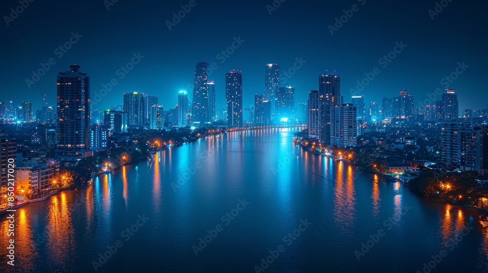 Fototapeta premium Stunning cityscape at night with illuminated skyscrapers reflecting on a calm river, showcasing modern urban architecture and vibrant city lights.