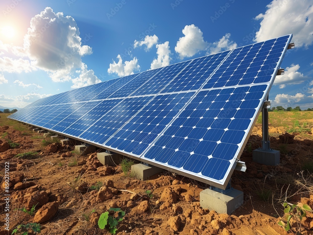 Solar panel array in a sunny field with a cloudy sky. Renewable energy ...