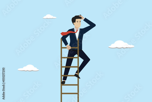 Business success ladder, vision to lead business to achieve goal, smart businessman leader climb up to reach top of ladder high in the sky look forward to future.