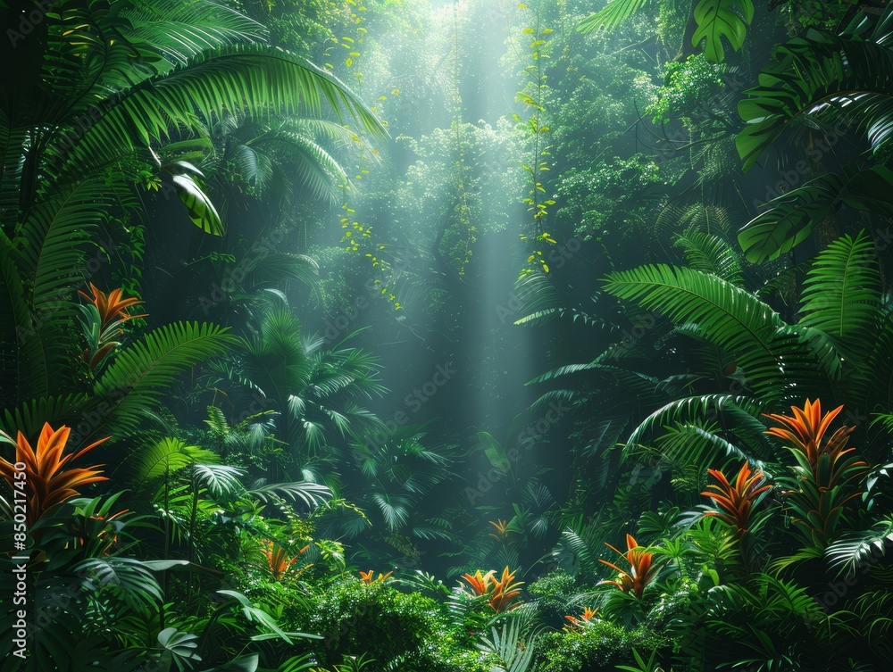 A lush tropical rainforest with dense foliage, beams of sunlight piercing through, and vibrant orange flowers accentuating the verdant greenery. A lush tropical rainforest with dense foliage, beams of sunlight piercing through, and vibrant orange flowers accentuating the verdant greenery.