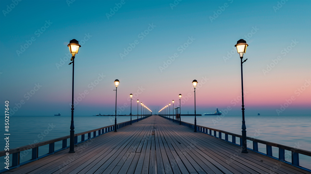 Fototapeta premium 夜明けまたは夕暮れの穏やかな桟橋