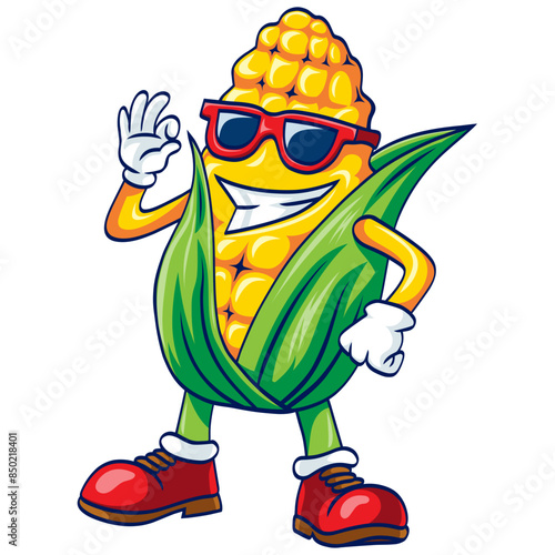 Corn Cartoon Mascot Character Design Wearing Sunglasses Vector Illustration