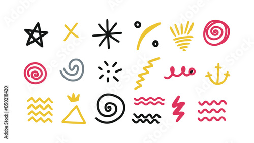 Collection of simple hand drawn elements. Sketch underlines, icons, emphasis, speech bubbles, arrows, spirals, triangles, circles, squares and other shapes.