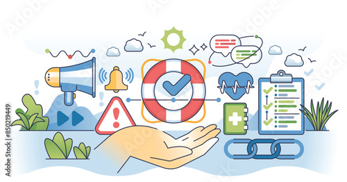 Crisis intervention with medical assistance and support outline hands concept. Communication, announcements and guidance for recovery after emergency situations vector illustration. First aid care.