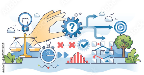 Decision making process to find effective solution outline hands concept. Goal reaching with various possible paths and future options vector illustration. Different business direction management.