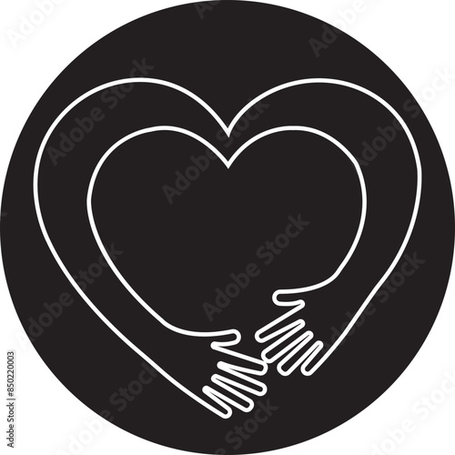 Hugging arms in line shape of heart icon. Hands hug. Embrace of friendship. Volunteer care, love symbol, friends relationship. Silhouette of people hands with editable stock on transparent background.