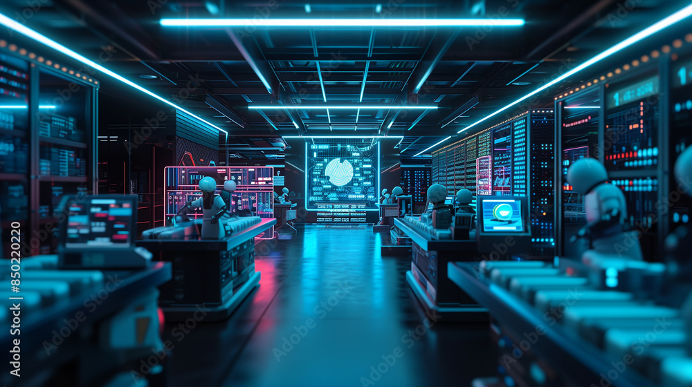 Fototapeta premium Futuristic Technology Retail Warehouse Digitalization. The image features robotic systems and advanced digital displays in a neon-lit environment.