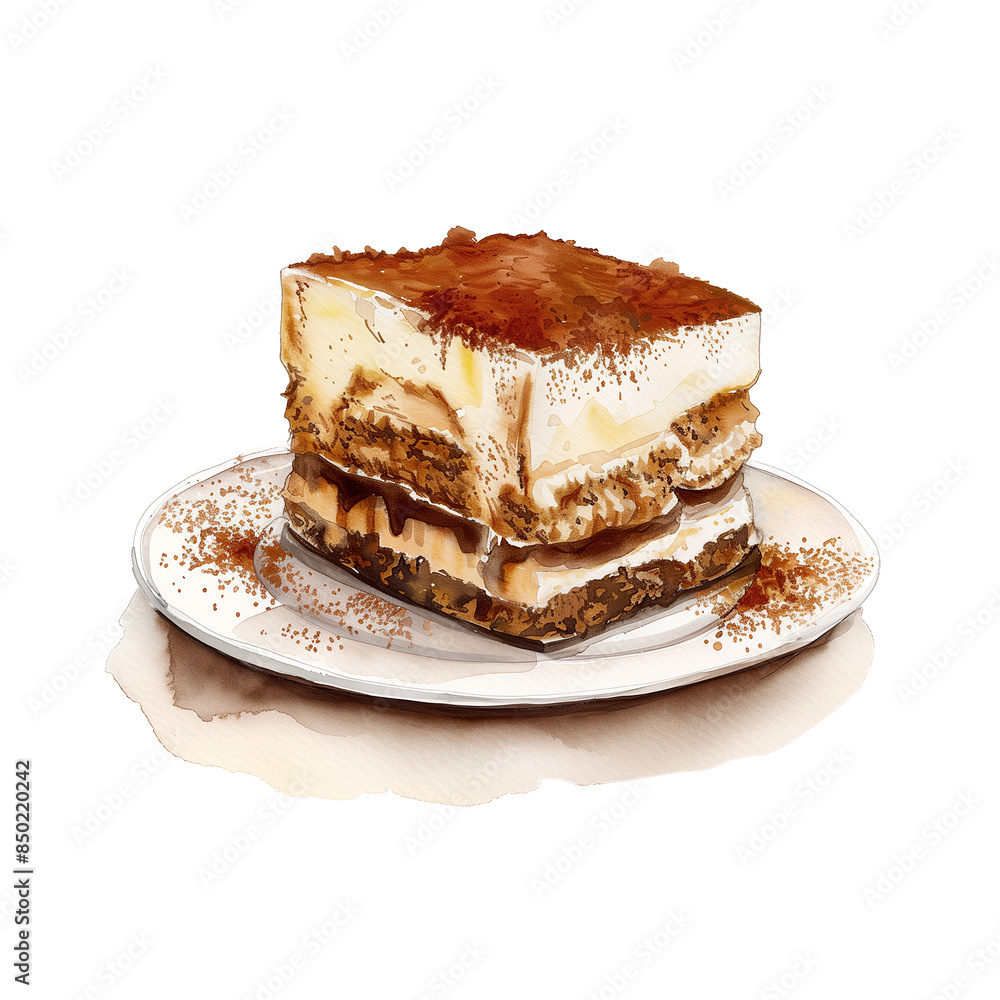 Watercolor illustration of tiramisu, a traditional Italian pastry, on white background
Watercolor illustration of tiramisu, a traditional Italian pastry, on white background