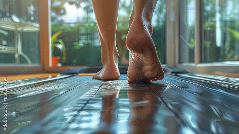 Close-up view of a person's feet stepping on a highly reflective floor, creating a surreal and artistic effect Close-up view of a person's feet stepping on a highly reflective floor, creating a surreal and artistic effect
