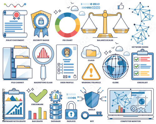 Data governance with file and information processing outline collection set. Labeled elements with secure database storage, server network nodes and digital system analytics vector illustration.