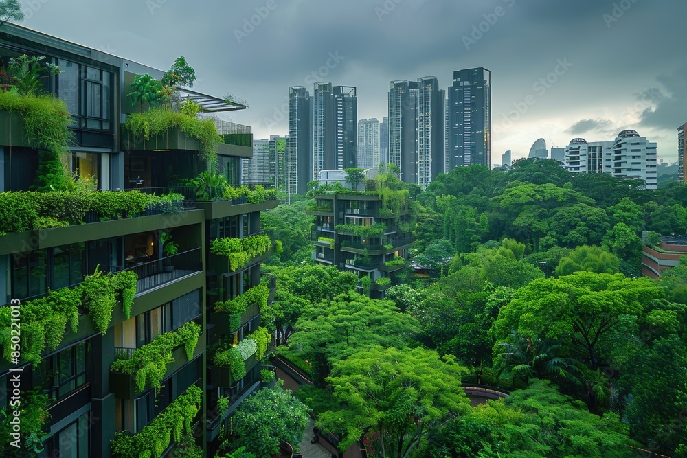 Fototapeta premium Abandoned high-rise buildings covered with plants