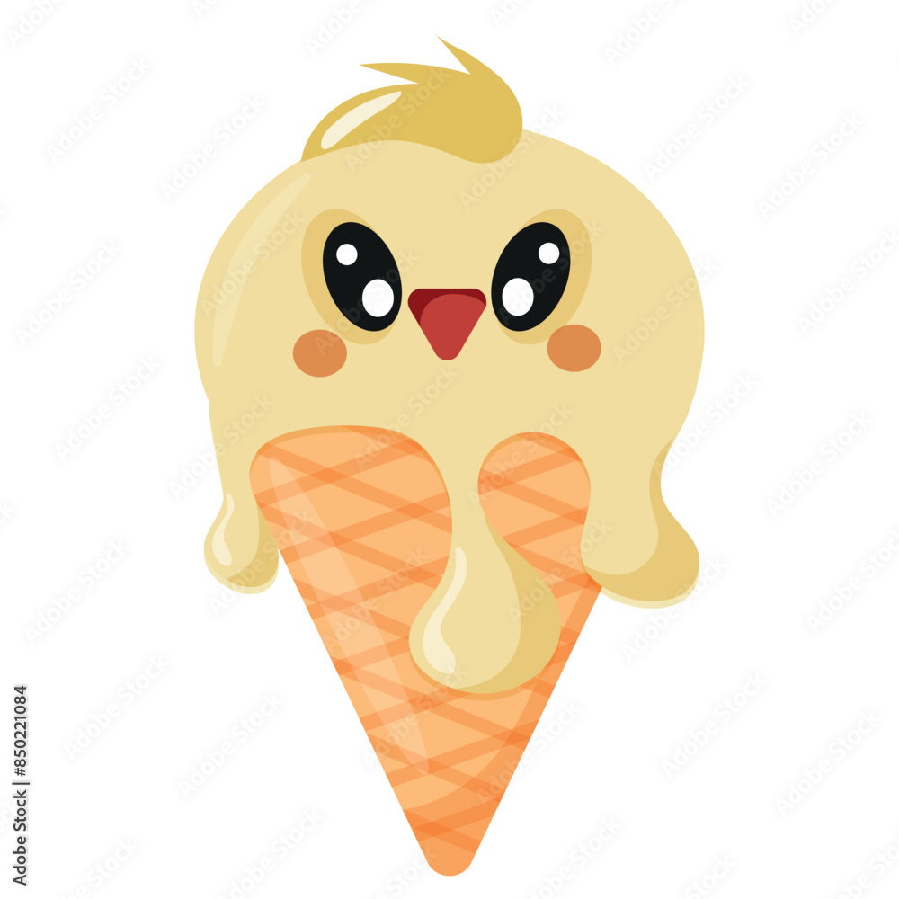 cone with yellow ice cream and animal print, namely with a chicken's face and a waffle cone, for design, for packaging or advertising