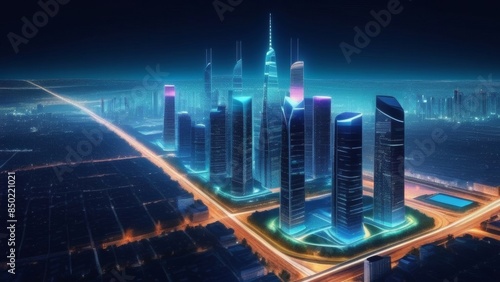 Bird's eye view of a night city with skyscrapers and night lighting