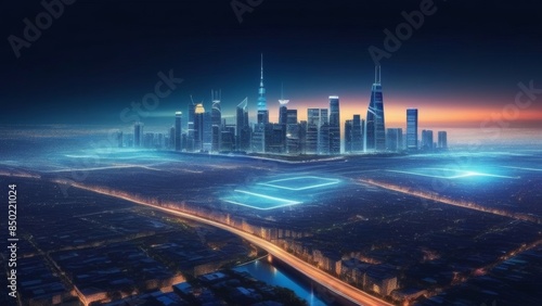 Bird's eye view of a night city with skyscrapers and night lighting