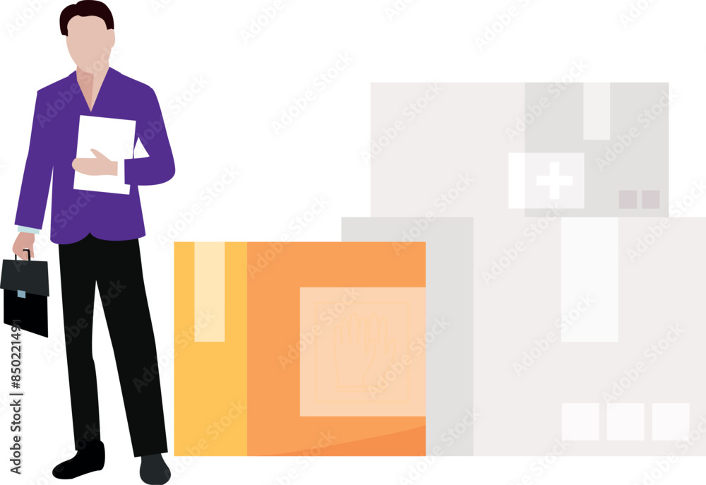 The boy is standing next to a medical carton. The boy is standing next to a medical carton.