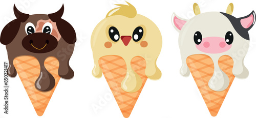 set of cones with ice cream and animal print, namely cow face, bull face, chicken fsce and waffle cone, for design, packaging or advertising	