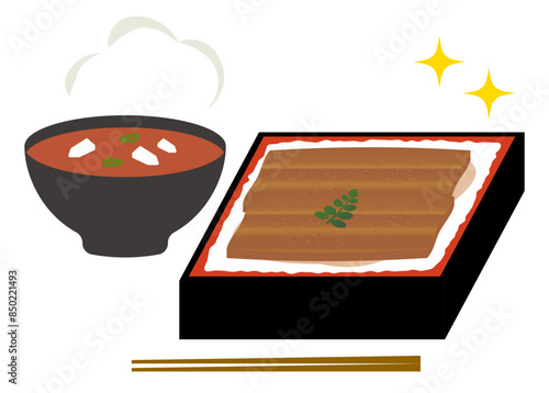 うな丼と味噌汁（赤だし）のイラストセット