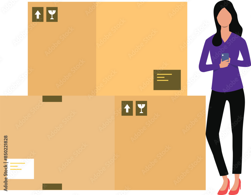 The female is standing next to the cardboard boxes.