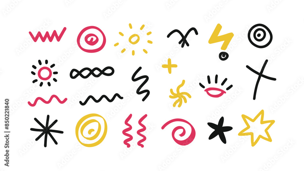 Collection of simple hand drawn elements. Sketch underlines, icons, emphasis, speech bubbles, arrows, spirals, triangles, circles, squares and other shapes. Collection of simple hand drawn elements. Sketch underlines, icons, emphasis, speech bubbles, arrows, spirals, triangles, circles, squares and other shapes.