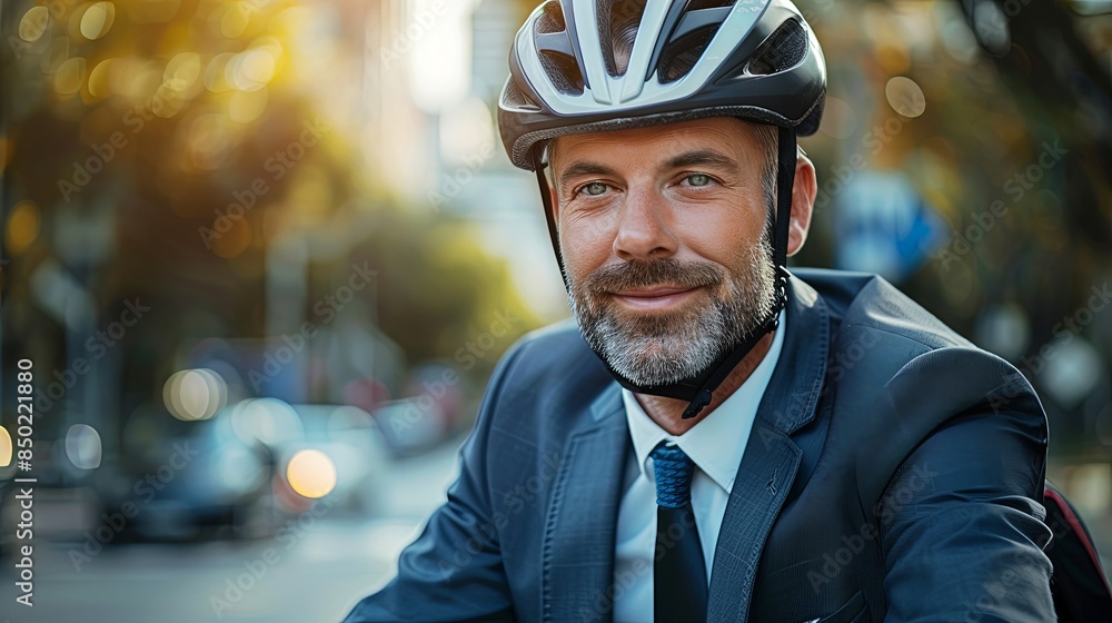 Confident male in a business suit and helmet biking to work, embracing urban eco-friendly transport Confident male in a business suit and helmet biking to work, embracing urban eco-friendly transport