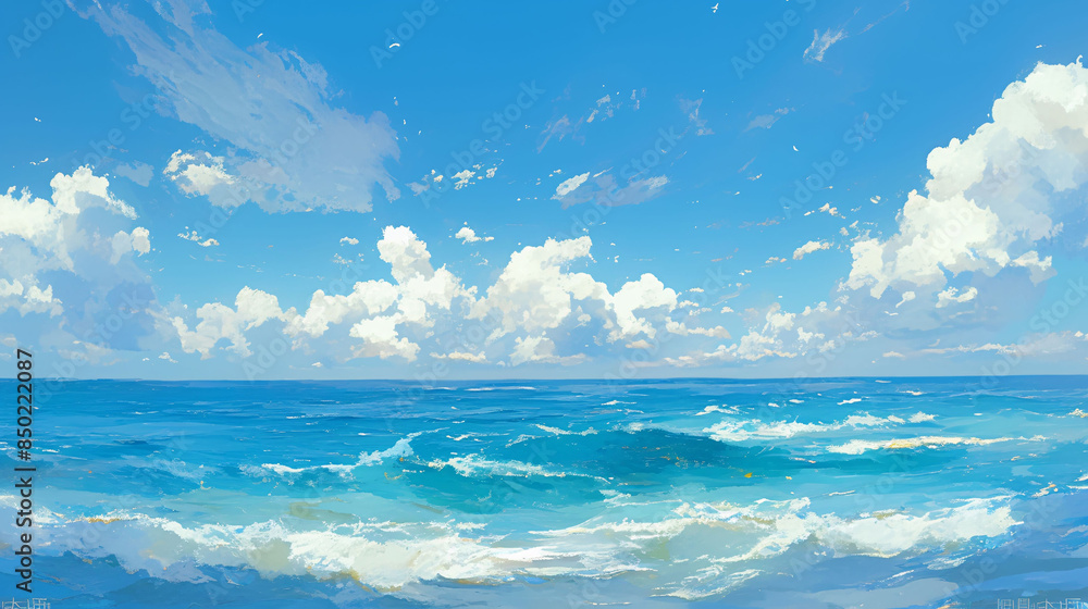 Fototapeta premium Summer beach waves illustration, summer holiday concept illustration of seaside vacation